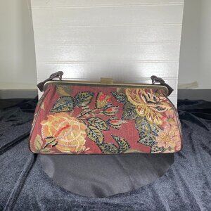 Brown Floral Tapestry Handbag, Hammered Gold Lock Closure,